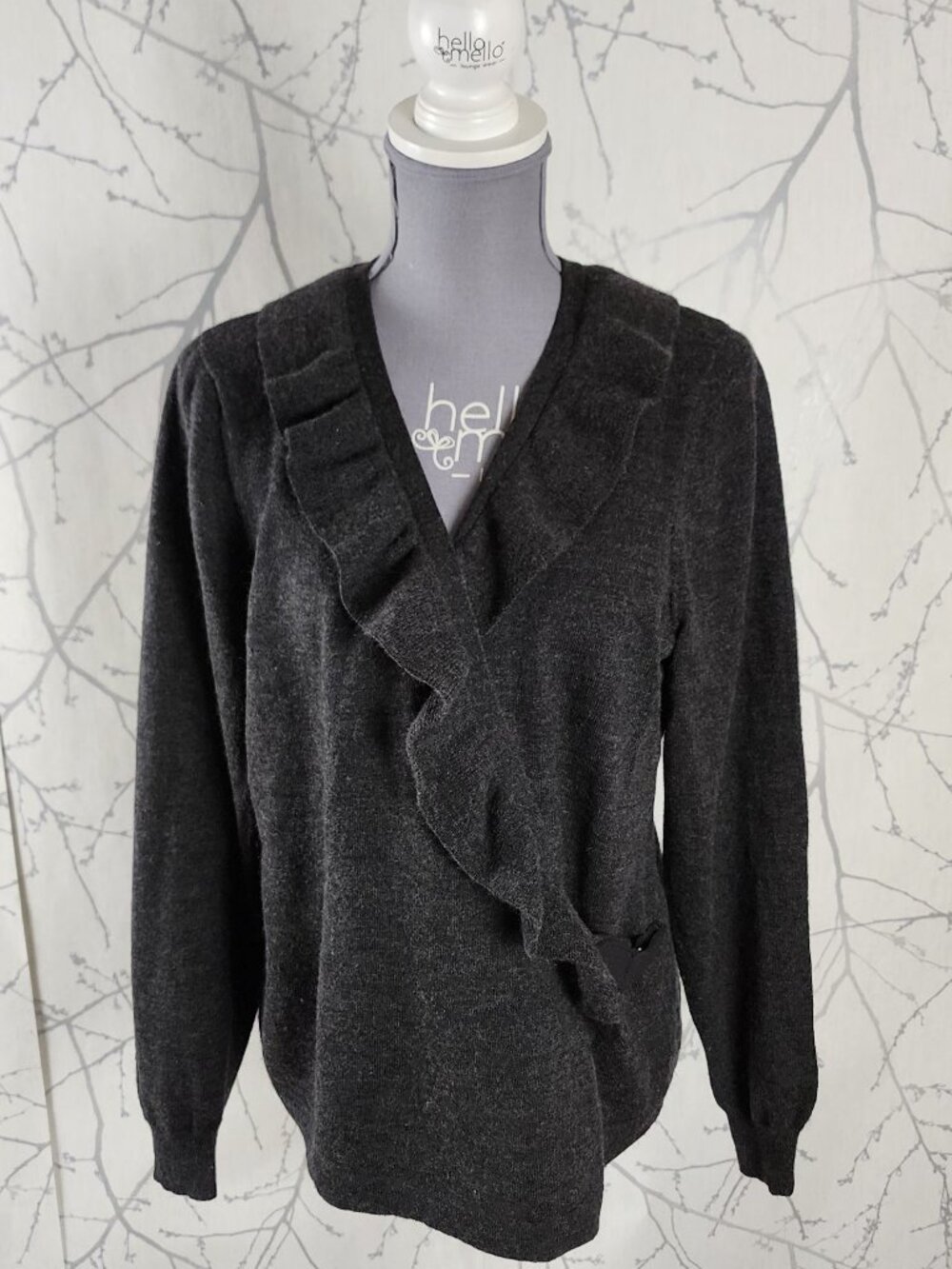 Sarah Spencer Charcoal Gray Merino Wool Ruffle Wrap Sweater
